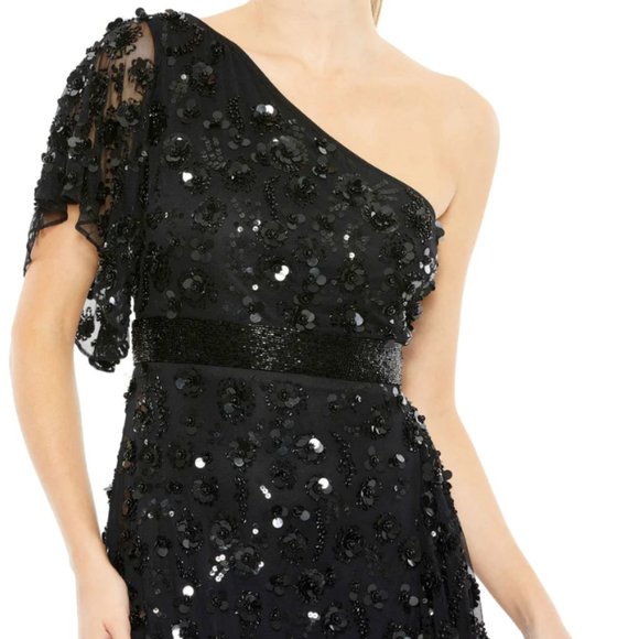 MAC DUGGAL 93687 ONE SHOULDER ASYMMETRICAL RUFFLE BLACK GOWN sz 8 - Picture 3 of 7